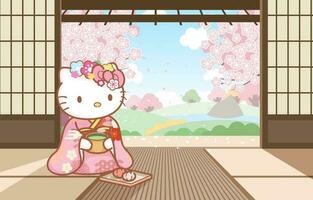 branco gatinho desfrutando japonês chá com cereja Flor jardim fundo vetor