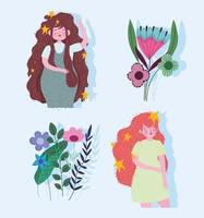 personagens de desenhos animados de mulheres bonitas com conjunto de flores e folhas vetor