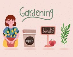 menina de jardinagem com desenho de sinal de planta e tomate vetor
