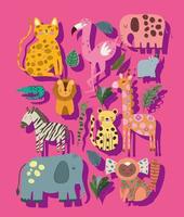 animais da selva desenho animado elefante fofo leopardo girafa zebra estilo abstrato vetor