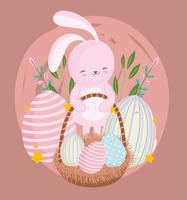 Feliz Páscoa coelho bonito dos desenhos animados com ovo na cesta vetor