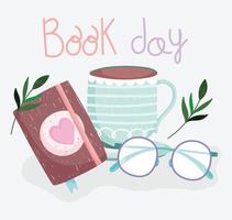 livro dia mão desenhada livro texto óculos e desenho de xícara de café vetor