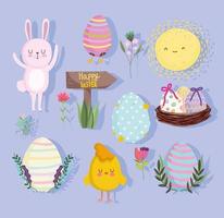 Conjunto de ícones de desenhos animados de ovos de flores de coelho de páscoa fofo vetor