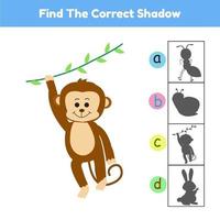 Encontre o jogo de sombra correto animal macaco cartoon ilustração vetorial vetor