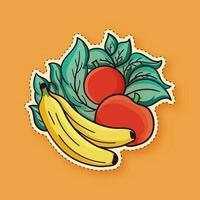 adesivo estilo fresco fruta do banana e maçã com folhas em laranja fundo. vetor
