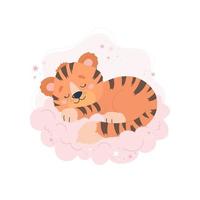 Tigre fofo dormindo na nuvem bebê ilustração de conceito de animal para personagem do berçário para crianças vetor