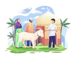 pessoas trazem uma cabra para o qurban ou sacrifício na ilustração vetorial de eid al adha mubarak vetor