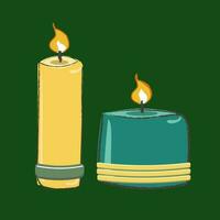 queimando cera ou parafina aromático velas em verde fundo. fofa hygge casa decoração, feriado decorativo Projeto elemento. plano desenho animado colorida vetor ilustração