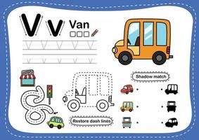 letra do alfabeto v van exercício com vetor de ilustração de vocabulário de desenho animado