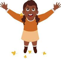 alegre menina levantando braços com apreciar queda folhas. vetor