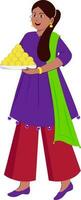 felicidade adolescente menina segurando prato do indiano doce laddu dentro em pé pose. vetor