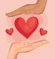 mãos inter-raciais humanos segurando um ícone de amor de coração vetor