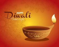 feliz diwali diya vela com mandala em desenho vetorial de fundo laranja vetor