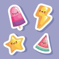 pacote de quatro personagens de adesivos kawaii vetor