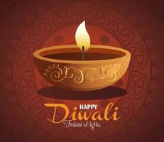 feliz diwali diya vela com mandala em desenho vetorial de fundo vermelho vetor
