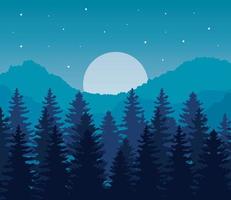paisagem de pinheiros e lua em desenho vetorial de fundo azul vetor