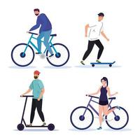 pessoas com scooter de bicicleta e desenho vetorial de skate vetor