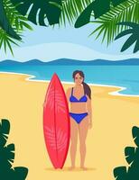 jovem mulher surfista com prancha de surfe em pé em a de praia. sorridente surfista garota. vetor ilustração.