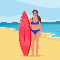 jovem mulher surfista com prancha de surfe em pé em a de praia. sorridente surfista garota. vetor ilustração.