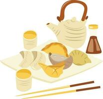 desenho animado chinês dumplings chá conjunto vetor
