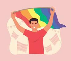 feliz gay homem segurando lgbt arco Iris bandeira para gay orgulho celebração conceito ilustração vetor