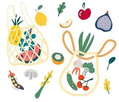 saco líquido com conjunto de alimentos eco shopper moderno com frutas vegetais reutilizáveis têxteis sacolas de compras conceito de mercado local zero resíduos de plástico livre eco vida vector cartoon ilustração plana