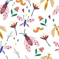 padrão sem emenda com insetos e flores silvestres borboletas libélulas flores vermes verão prado padrão sem emenda desenhado à mão textura decorativa para papel de parede de tecido ilustrações vetoriais plana vetor