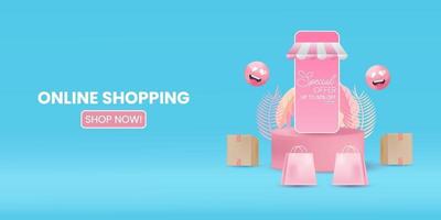 loja de compras online com fundo de banner de venda e marketing digital de aplicativos móveis vetor