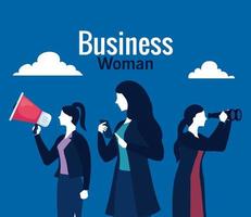 mulheres de negócios com binóculos de smartphone megafone e nuvens em desenho vetorial de fundo azul