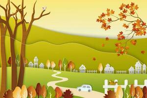 outono campo panorama com colorida árvores e folhas em papel cortar sytle vetor