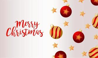 cartão de letras de feliz natal e feliz ano novo com bolas douradas e vermelhas vetor