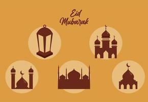 Cinco silhuetas de eid mubarak vetor