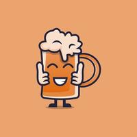 personagem de desenho animado de cerveja fofa com expressão feliz e polegar para cima ilustração vetorial de estilo simples com as mãos vetor