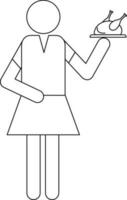 Preto linha arte sem rosto mulher servindo frango perna peças em placa. vetor