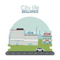 Letras de megalópole da vida da cidade em cena urbana com hospital e mercado vetor