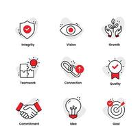 companhia testemunho valor icons.values, princípios, crenças, ético, ideais, moral, padrões, virtudes, filosofia, guiando princípios. vetor