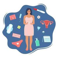 mulher saúde conceito. menstruação, período, fêmea útero, reprodutivo sistema. mulher, gravidez teste, tampão, calendário, útero, almofadas, menstrual xícara, calça. vetor ilustração.