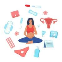 mulher saúde conceito. gravidez, menstruação, período, fêmea útero, reprodutivo sistema. grávida mulher, gravidez teste, tampão, calendário, útero, almofadas, menstrual xícara, calça. vetor ilustração.