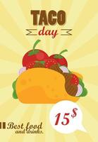 pôster mexicano de celebração do dia do taco com tomates e preço vetor