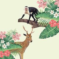 rena e macaco selvagens com folhagem tropical vetor