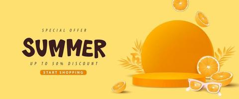 banner de venda de verão colorido com formato cilíndrico de exibição de produto conceito laranja vetor