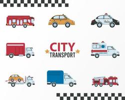 letras de transporte urbano e pacote de oito veículos vetor