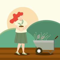 mulher carregando planta em um vaso e carrinho de mão com jardinagem vetor