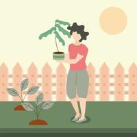 mulher segurando um vaso de planta no quintal de jardinagem vetor