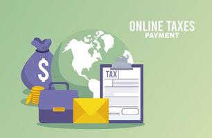 pagamento de impostos online com dinheiro e documentos no planeta Terra vetor