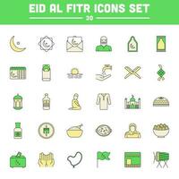 plano estilo eid al fitr muçulmano celebração 30 ícone conjunto dentro amarelo e verde cor. vetor