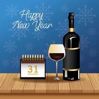 cartão de feliz ano novo com vinho e calendário vetor