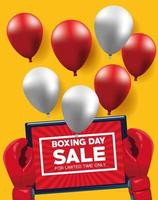 pôster de venda de boxing day com tablet e balões de hélio vetor