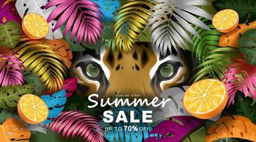 modelo de banner de verão com folhas tropicais e olhos de tigre vetor