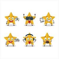 Novo amarelo estrelas desenho animado personagem estão jogando jogos com vários fofa emoticons vetor